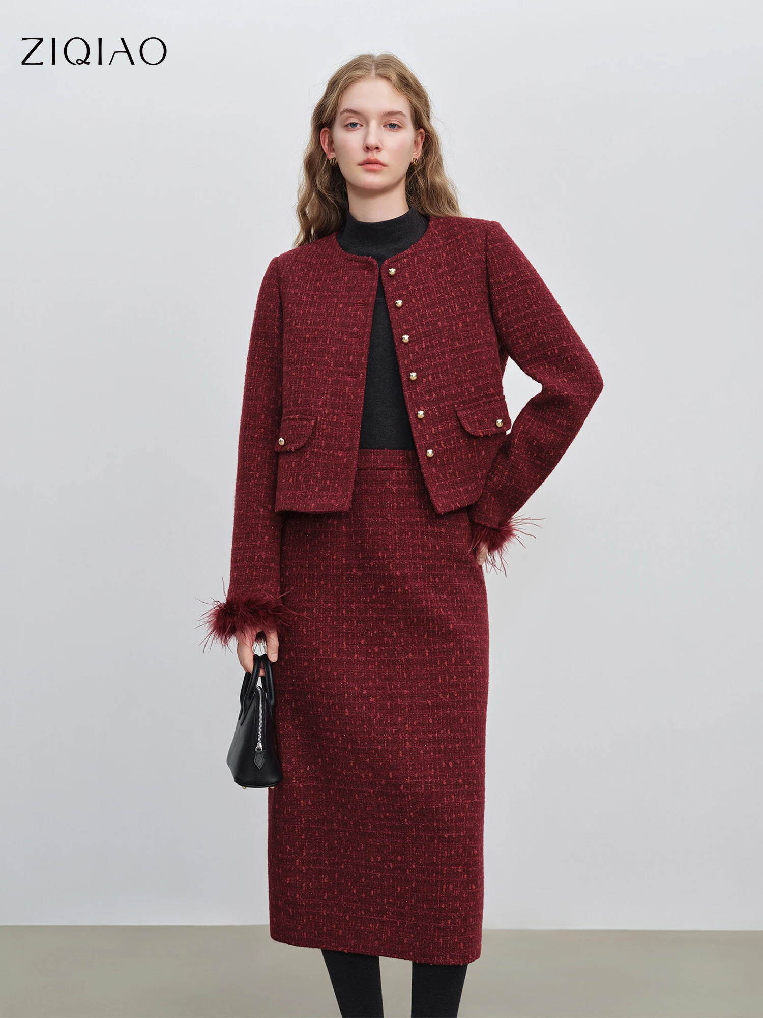 Ziqiao 2025, Winter-Set für Damen, zierlicher roter Tweed-Rock, kurze Boucle-Jacke, Neujahr, koketter Stil, elegantes Büro-Anzug-Set