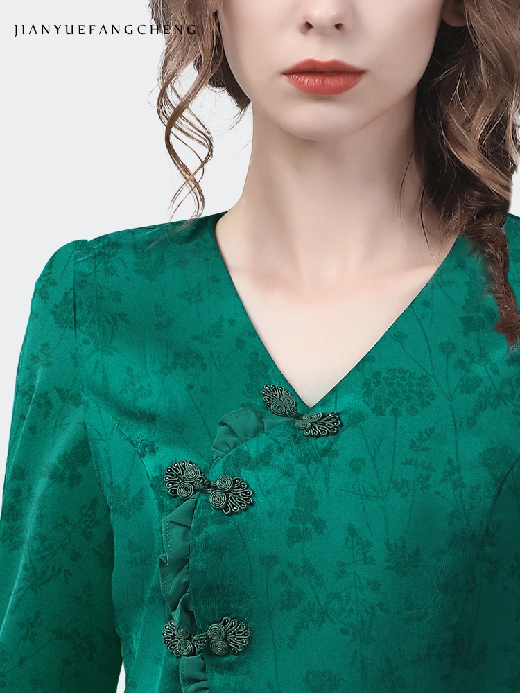 Vintage Women\' Long Sleeve Green Jacquard Blouse Elegant Slim V-Neck Irregular Button Tops 2022 Autumn New Ladies Casual Shirts