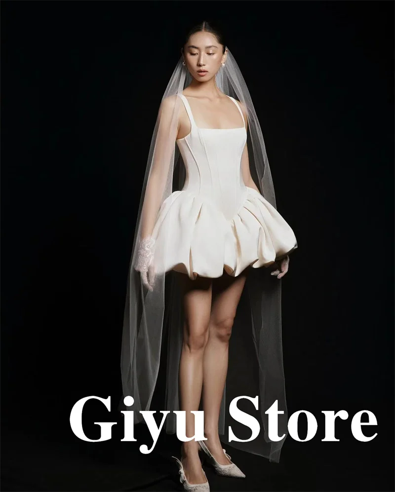 Giyu Straps Soft Satin Mini Short Party Wedding Dresses Ivory Square Neck Sleeveless Summer Evening Formal Gowns Women Vestidos