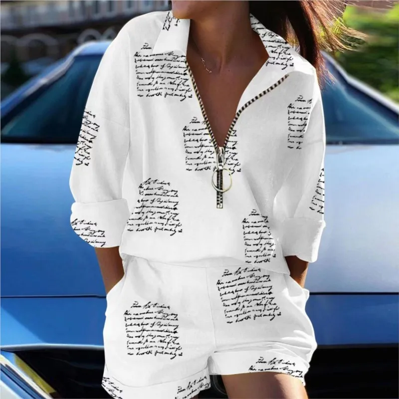 

Summer Turn Down Collar Long Sleeves 2-Pcs Set Women Shirt Shorts Suits Fashion Metal Zipper Feather Print Shorts Set