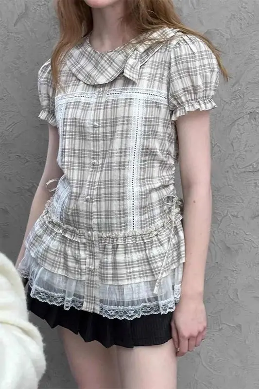 

Новая женская летняя рубашка в стиле Y2K с рукавами-фонариками, воротником «Питер Пэн», в клетку, корейский ретро-стиль, приталенная, с кружевом и завязками, топы