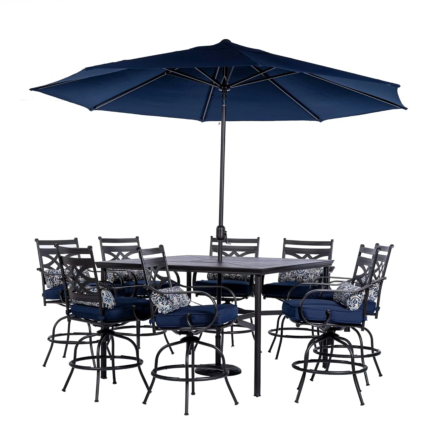 9-Piece All-Weather Outdoor Patio High Dining Set, 8 Swivel Counter-Height Chairs with Comfortable Seat and Lumbar Cushions, 60