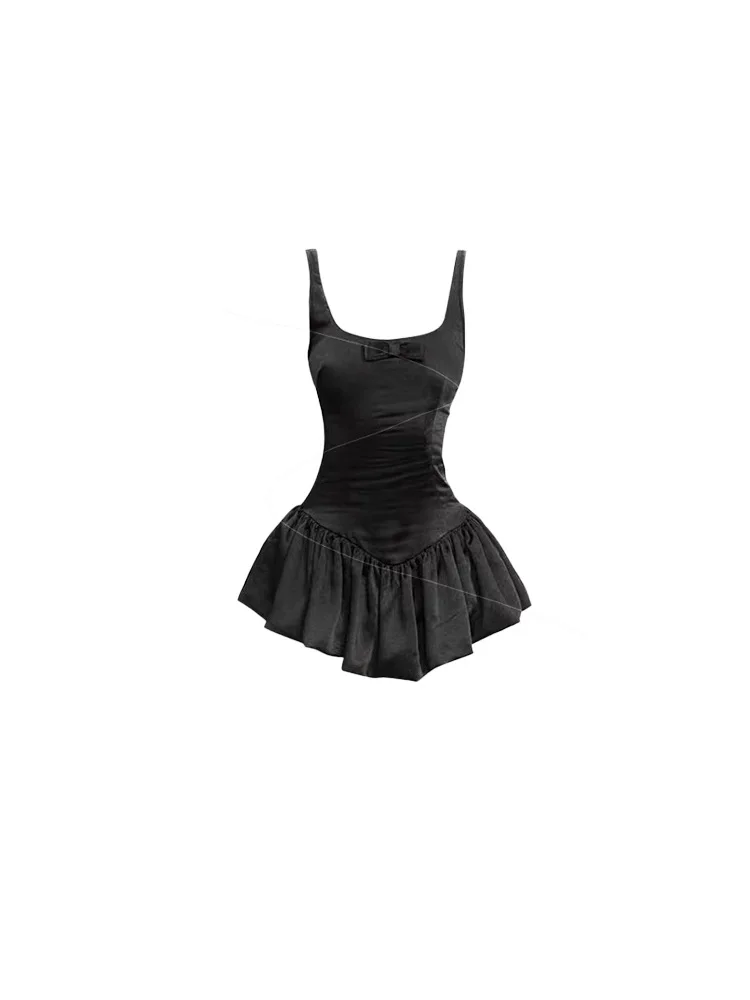 HOUZHOU dulce negro coqueta estética mujeres Mini vestidos delgados Sexy ceñido corto vestido sin mangas Y2k Hotsweet pliegues verano