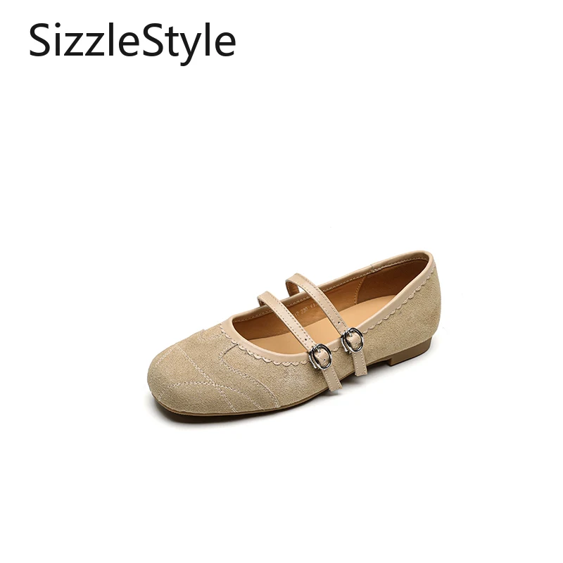 Suede Stitching Double Buckle Solid Color Low Heel Invisible Height Increase Comfortable Retro Square Head Mary Jane Shoes