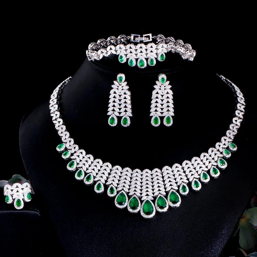 Luxury Chunky Cubic Zircon Leaf Fringed Green Crystal Necklace Earrings Bracelet Ring Women Wedding Bridal Statement Jewelry Set