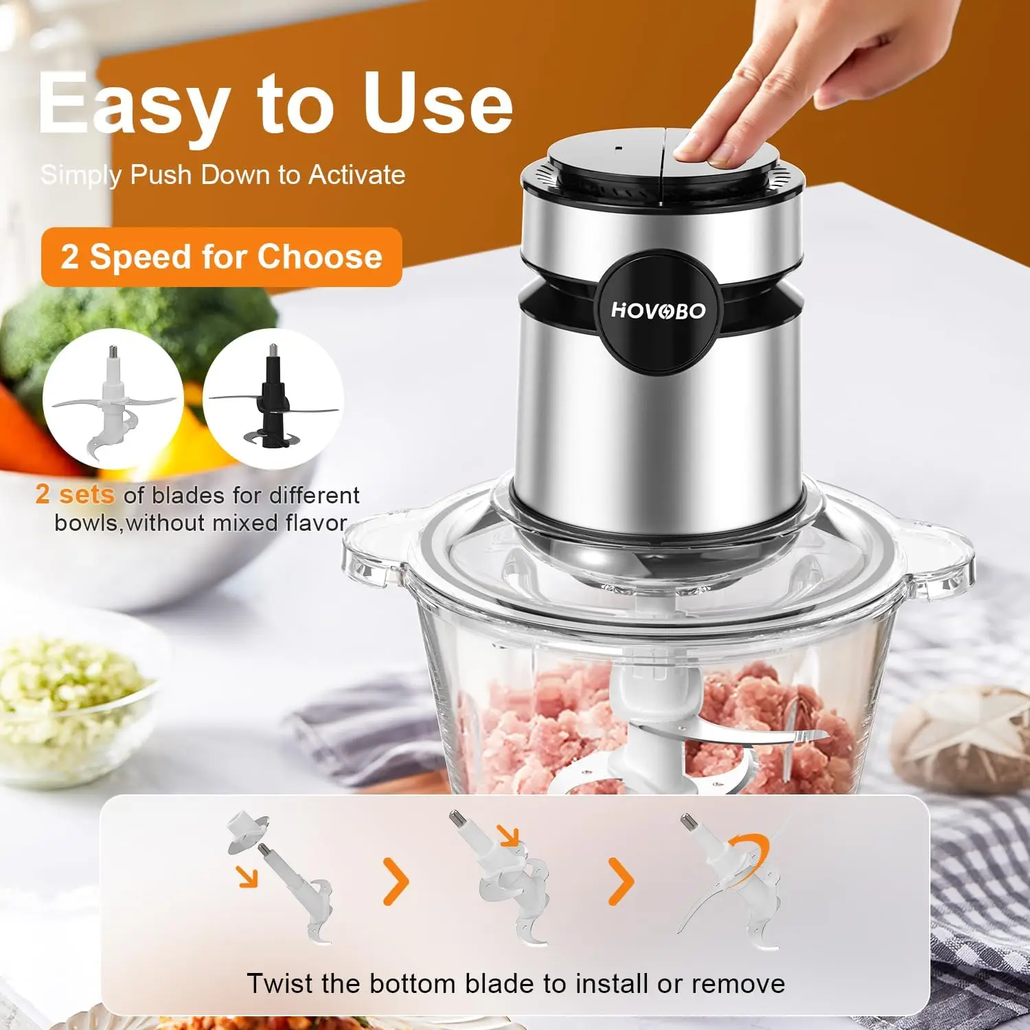 

Food Processor, 500W Electric Meat Grinder Food Chopper with Two 8 Cup Bowls & 2 Bi-Level Blades, 2 Speed Kitchen Cutter