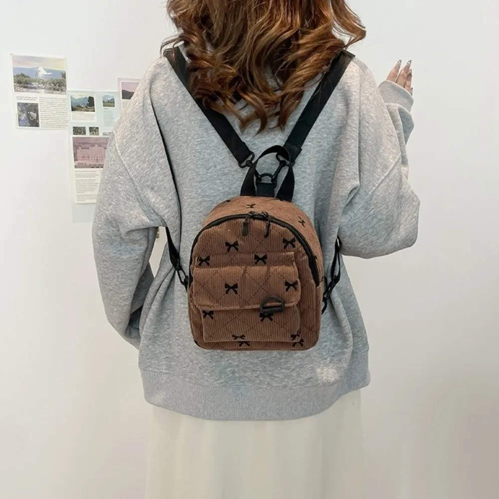 Cute Corduroy Mini Backpack Lightweight Multi Layered Bow Rucksack Bowknot Printed Korean Style Student School Bag Travel