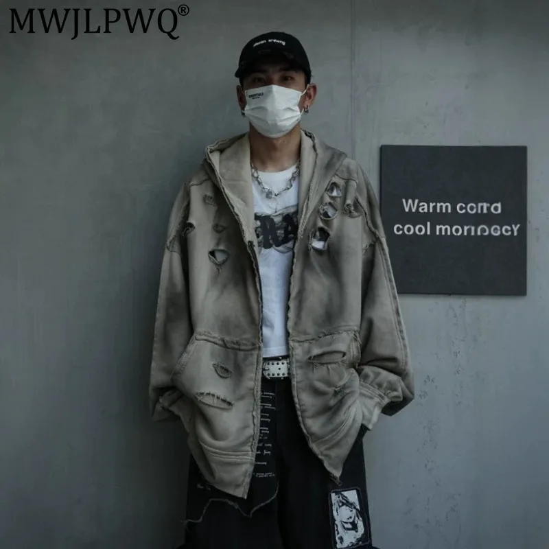 MWJLPWQ New Autumn Vintage Tie-Dye Sweatshirt Male American Style Ripped Details Hollow-Out Design Loose Fit Tops Chic 20644