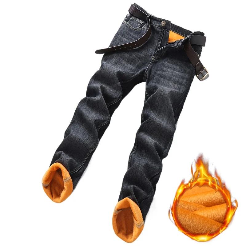 

2025 Mens Winter Classic Business Quality Famous Brand Fleece Pants Straight Trousers Winter Thermal Warm Plush Stretch Jeans