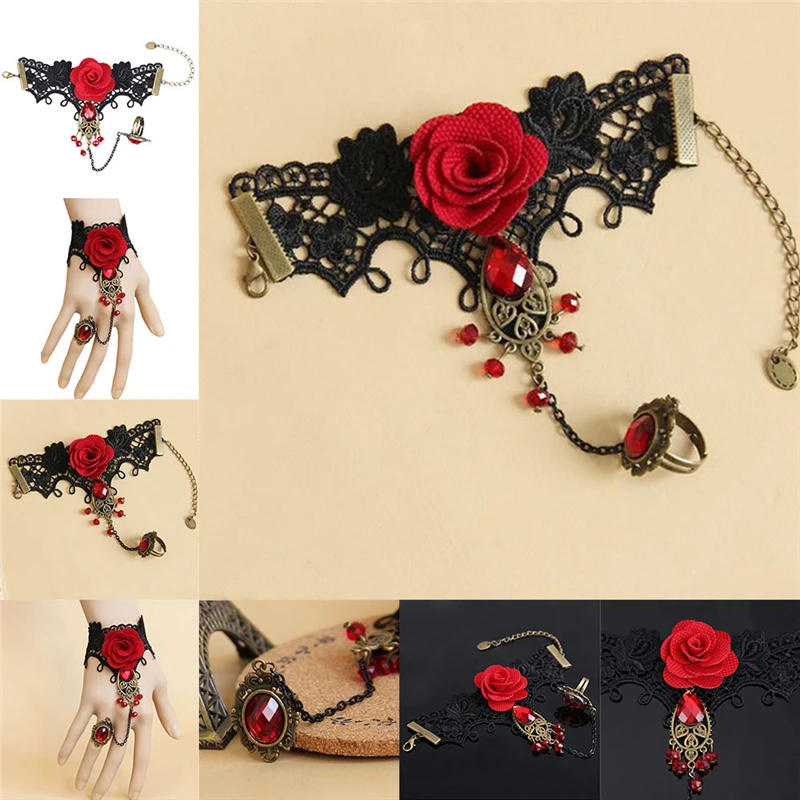 Hot New Elegant Gothic Style Lace Red Rose Bracelet with Adjustable Finger Ring