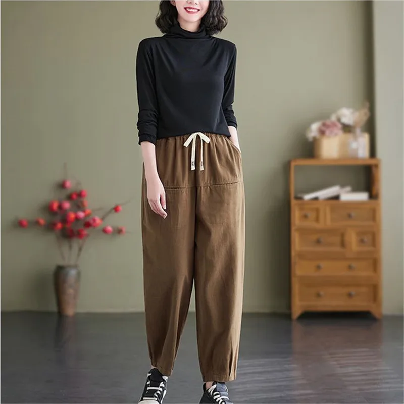 

Women's Elastic Waist Solid Drawstring Patchwork Pocket Autumn and Winter 2024 New Loose High Waist Vintage Casual Harem Pants