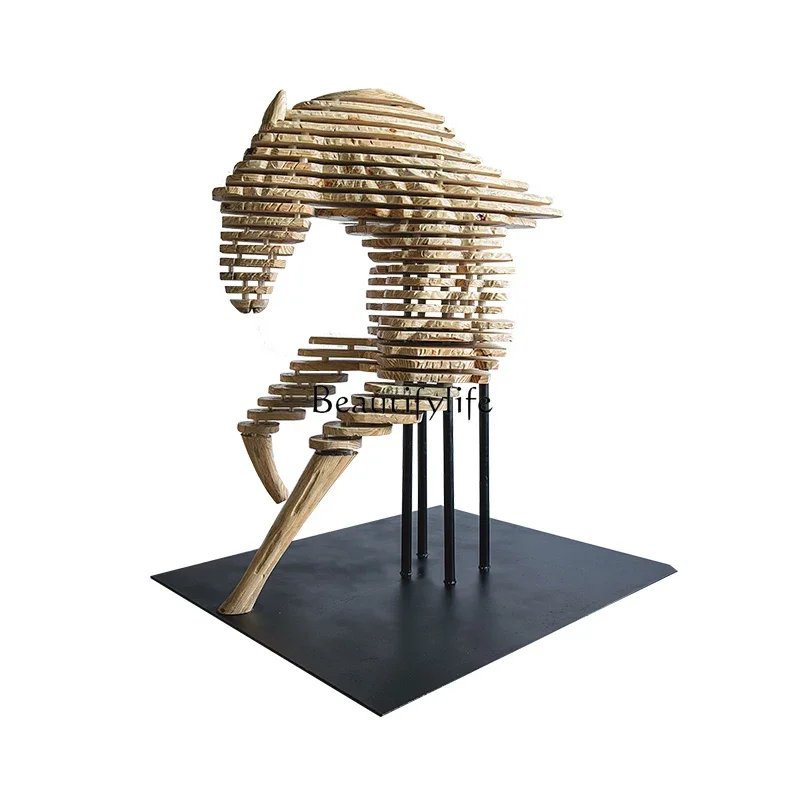 

Large Abstract Wooden Horse Sculpture Ornament Hotel Lobby Floor Decoration Artwork