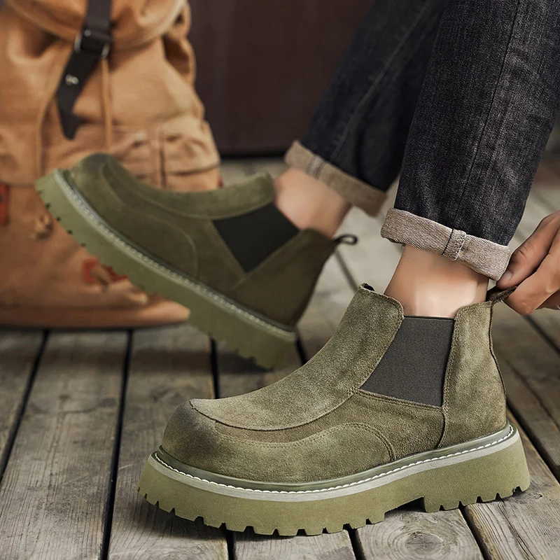 Autumn and winter leather boots outdoor high top casual short boots thick soled fashionable Chelsea boots English riding boots