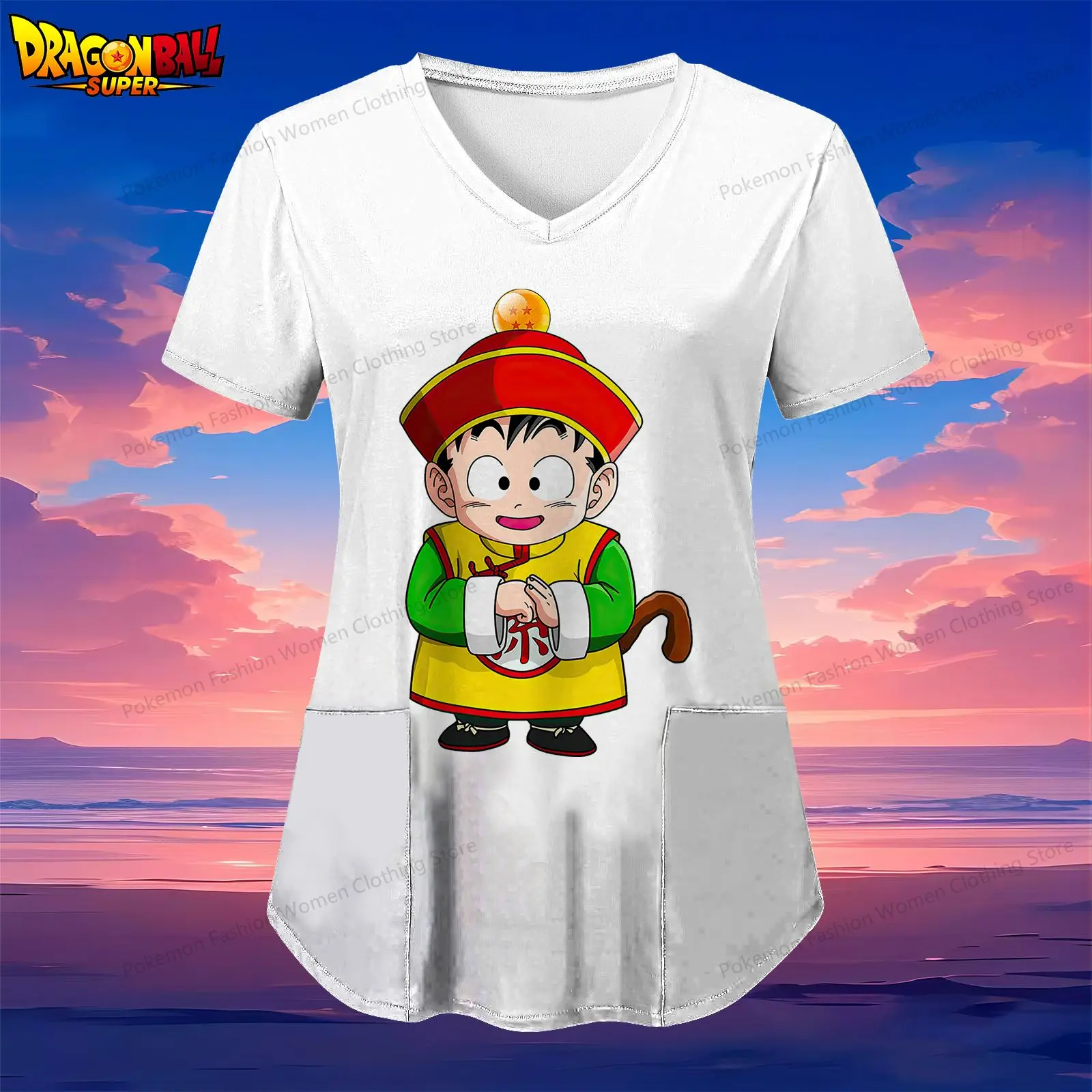 Kakarotto Pocket Dragon Ball Women's V Neck Nurse Uniform T-Shirt Short Sleeve Tee Y2k S-2XL Street Wear Kawaii Summer 2024 Top