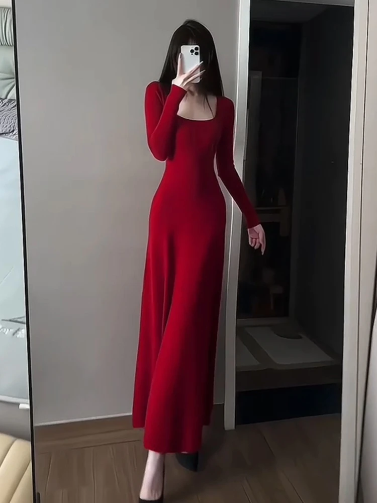 Vermelho de malha dr feminino outono inverno ano novo cintura alta saia longa macio e confortável coreano sle interior usar camada base