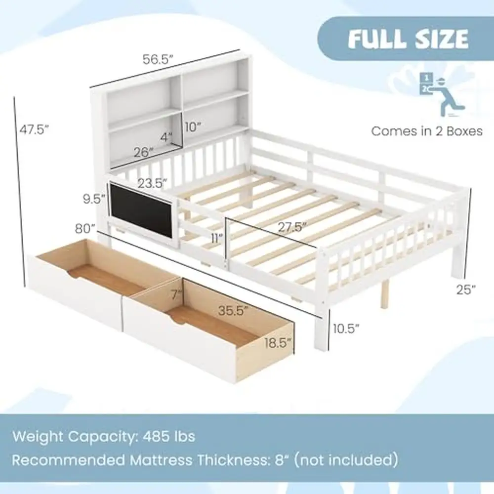 Full Bed with Storage Drawers Solid Wood Frame Bookcase Headboard Blackboard Guardrails Wooden Slats Modern & Versatile Kids