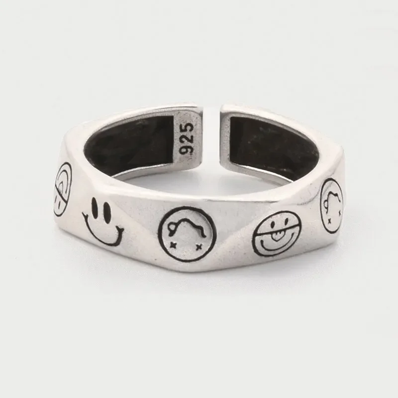 Vintage Rhombus Cut Smiley Face Ring Men Trendy Ins Cold Style Index Finger Tail Ring Geometric Triangle Open Adjustable Band