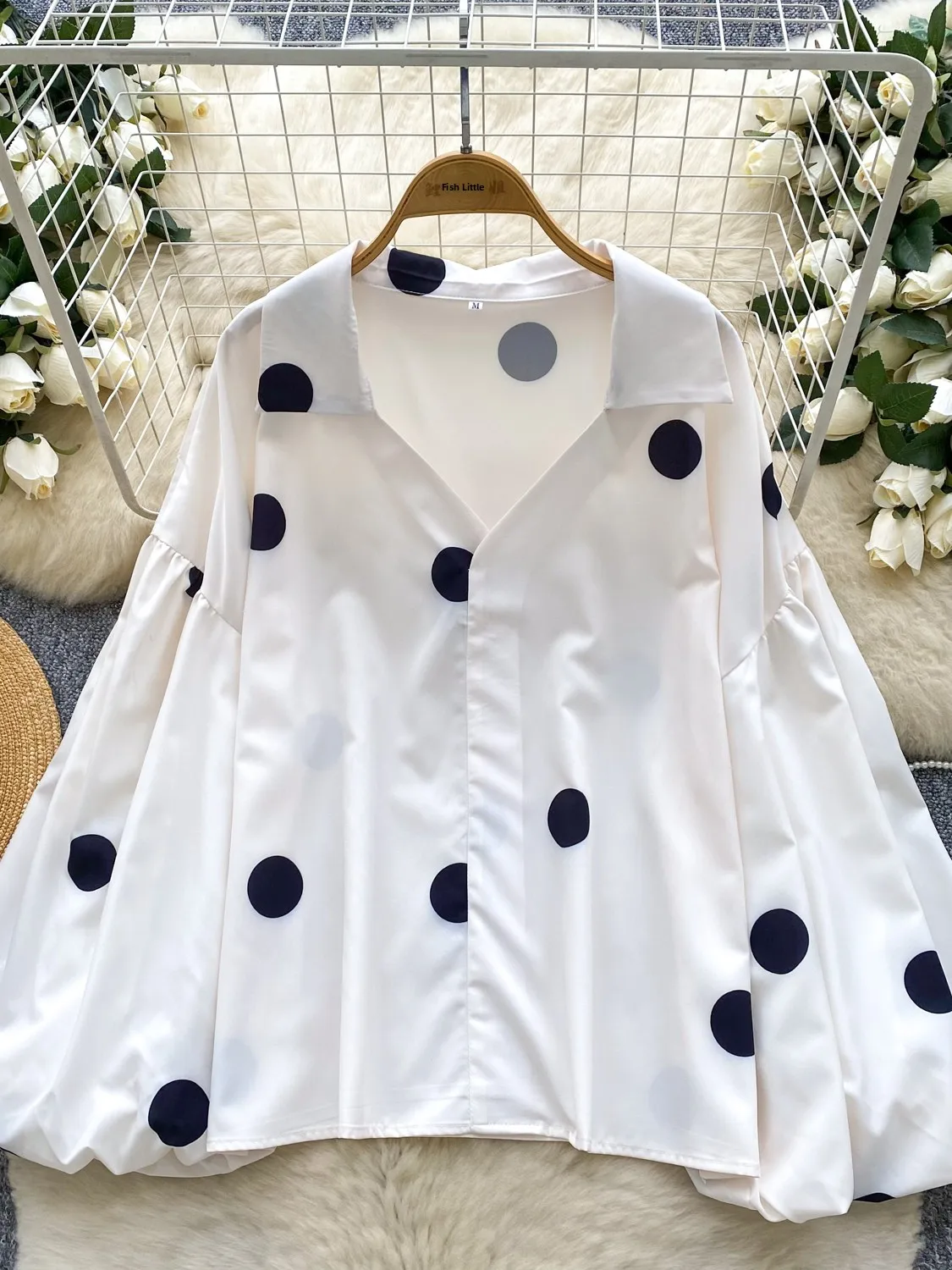 

Slimming Polka Dot V-Ne Lantern Sve Loose Fit Casual Versatile Women's irt Autumn 2025 Polyester Fiber Long Sve