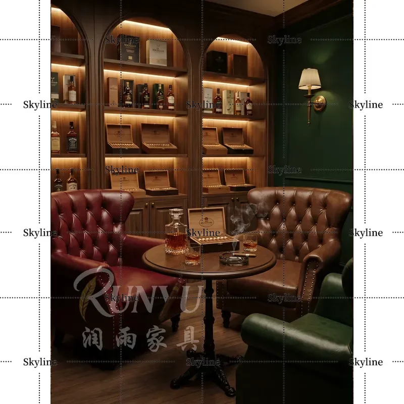 Vintage American Cigar Room Whiskey Bar Sofa Western Cafe Table and Chair Set Single Tiger Seat
