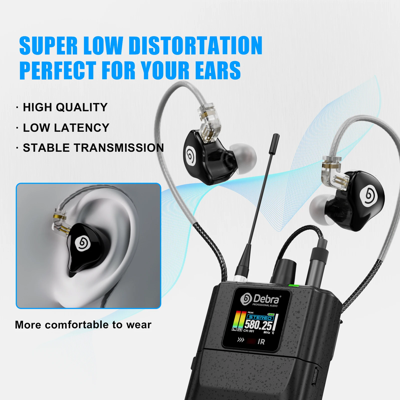 Debra New RC-EM1 UHF Stereo Wireless In-Ear Monitoring System, arbeitet im Frequenzbereich 565–590 MHz, entwickelt für Bands und Live-Übertragungen. – Detail 7