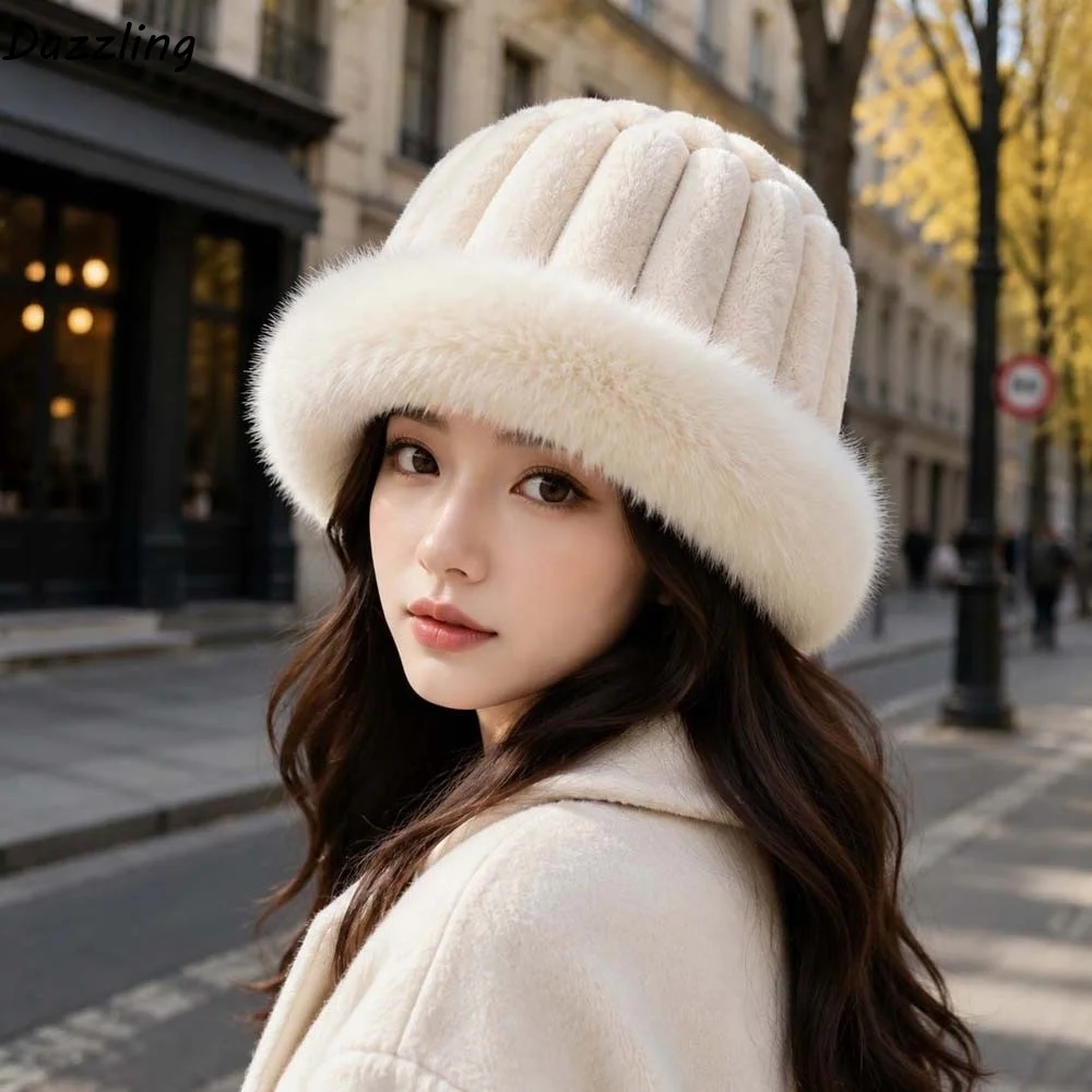 Vertical Texture Striped Fur Hat Fleece Lining Windproof Puffy Bucket Cap Faux Fur Brim Thermal Insulation Plush Trapper Hats
