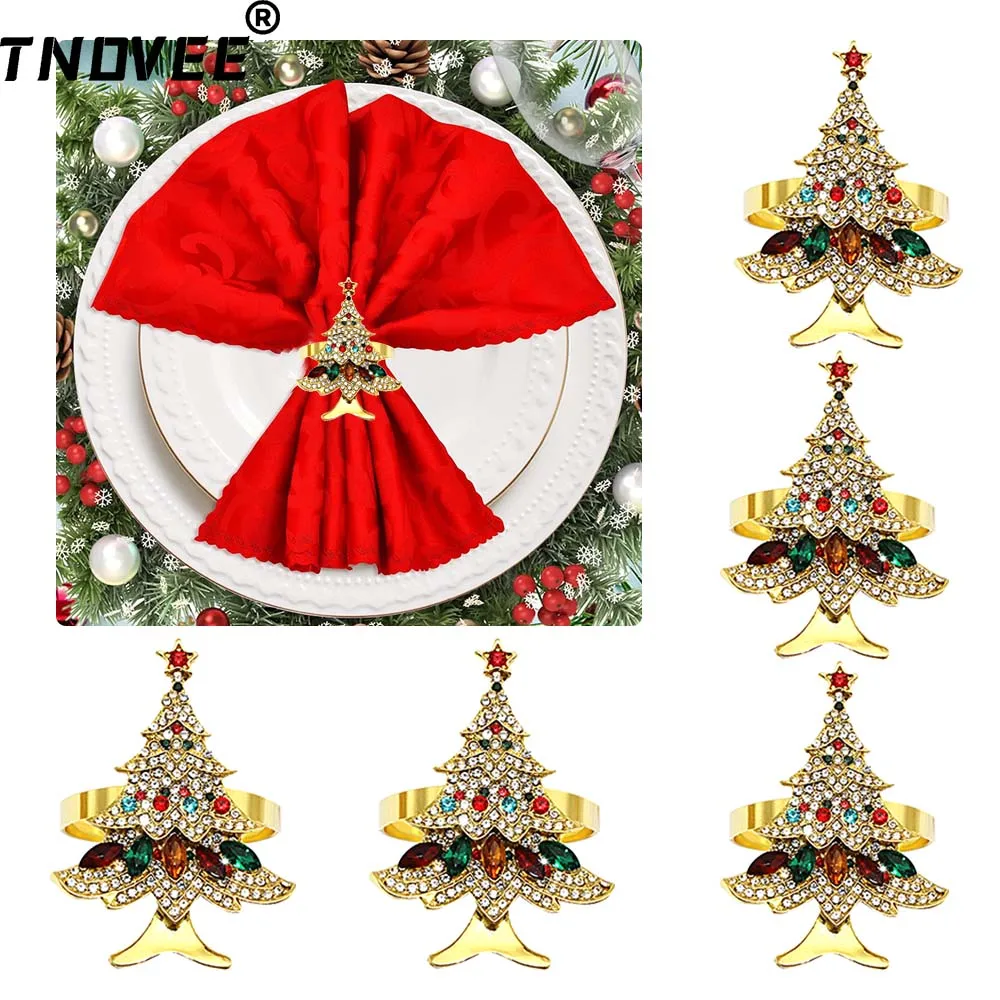 6pcs Crystal Christmas Tree Napkin Rings Rhinestone Napkin Holder Table Decor for Luxury Xmas Party Holiday Wedding Gift Set