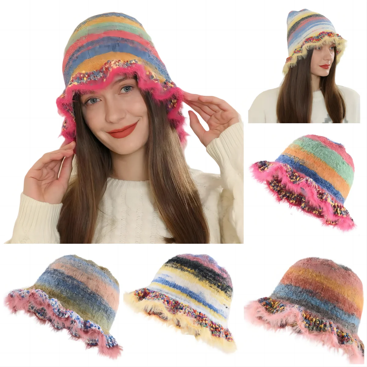 Ins Color Gradual Change Striped Wool Hat Autumn & Winter Cute Handmade Plush Hat Big Head Circumference Knitted Bucket Hat