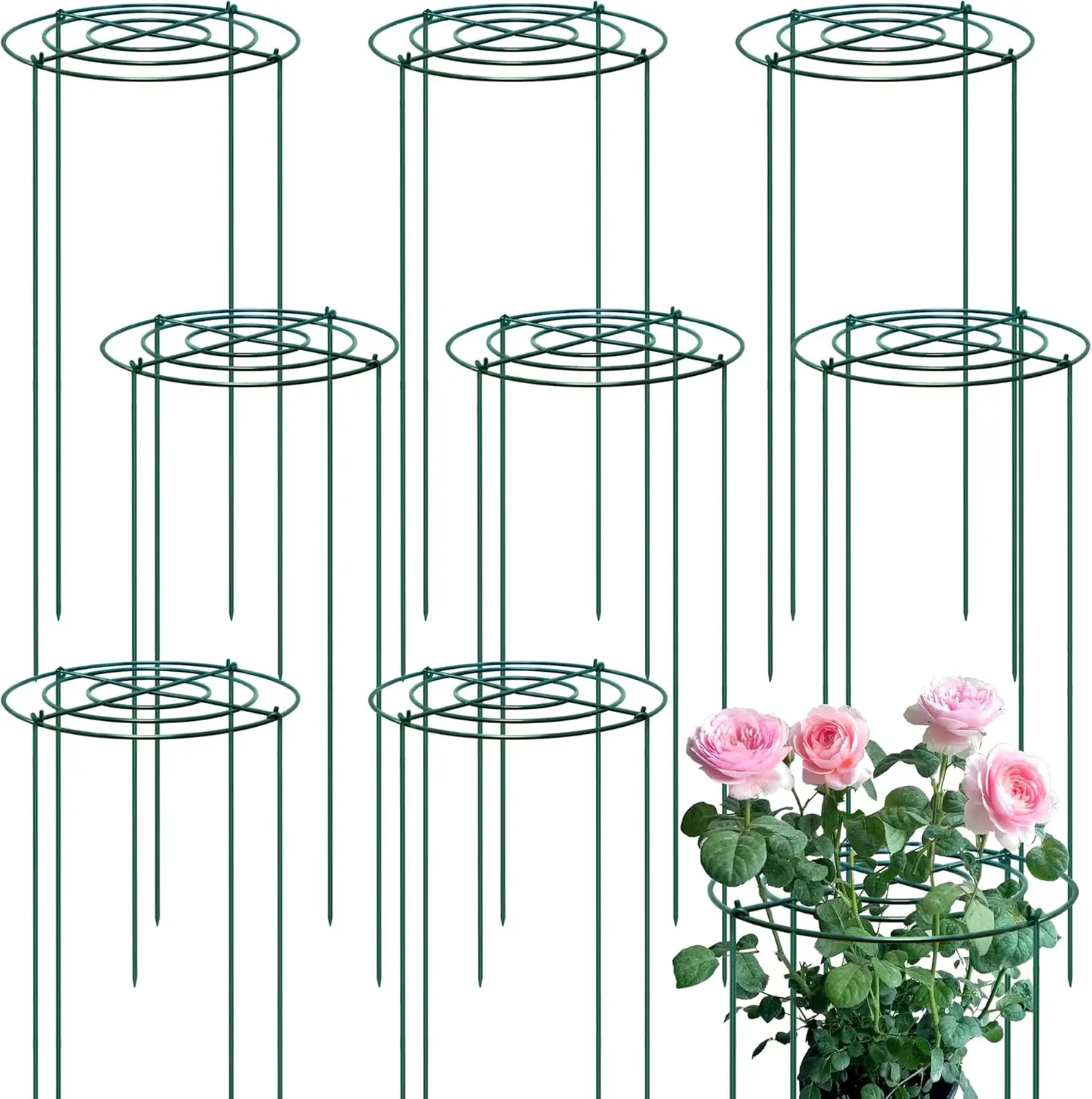 

8 Sets Heavy Duty Peony Support Cages, 14"D x 32"H, Metal Plant Stakes with 5mm Legs, Flower Rings for Peonies & Roses