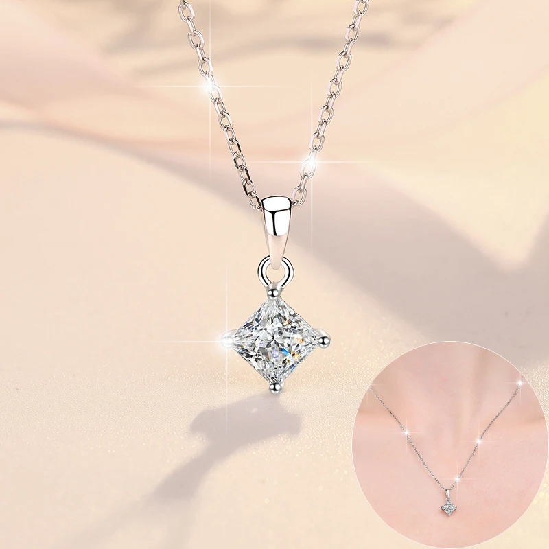 

Apaison Real 1 Carat Moissanite Princess Necklace Pendant For Women 100% 925 Sterling Silver Girl Clavicle Chain Gift Wholesale