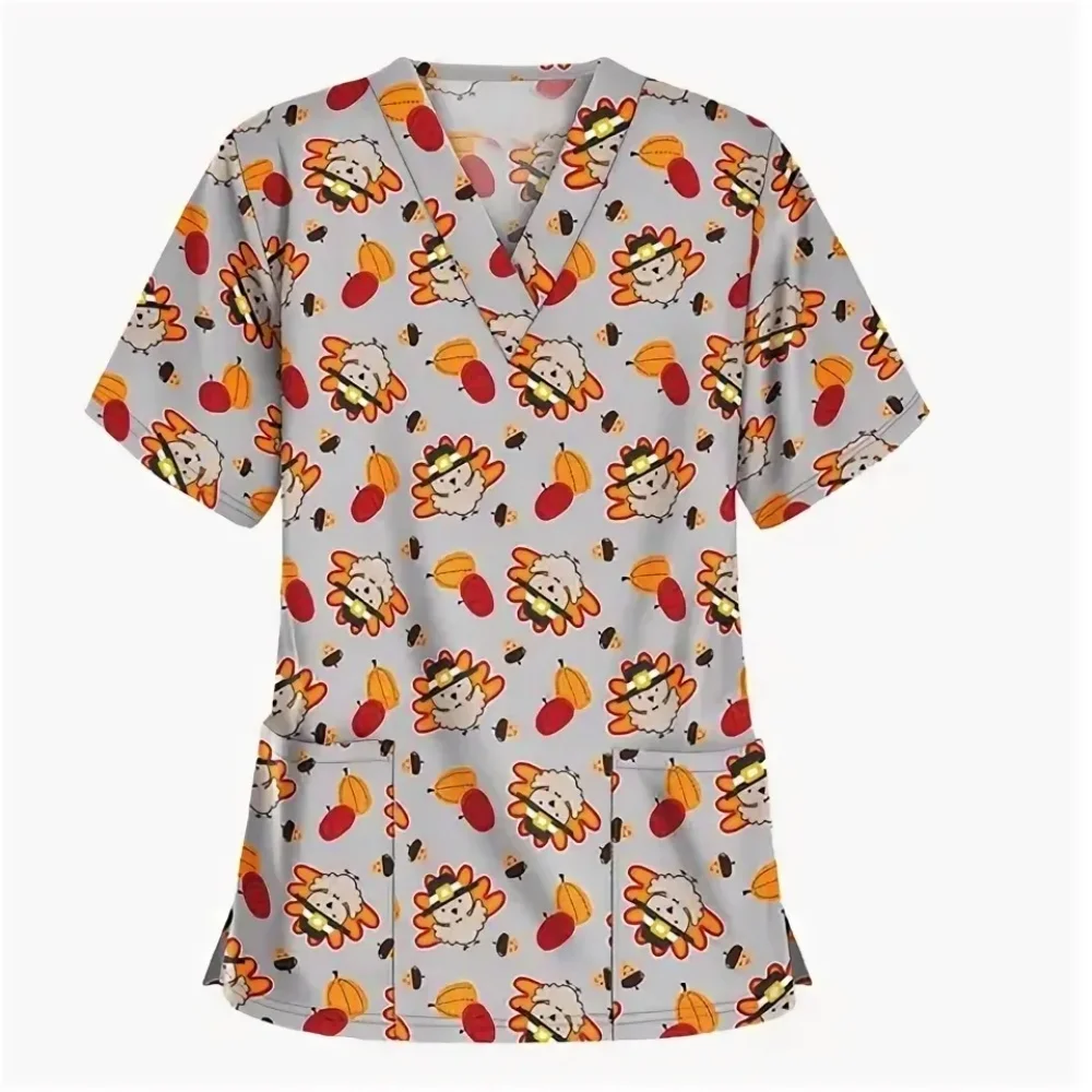 ใหม่ผู้หญิงฮาโลวีนพิมพ์ชุดพยาบาลแขนสั้นชุดสครับคอวีเสื้อกระเป๋าผู้ดูแลทำงานสวมใส่เครื่องแบบทางการแพทย์