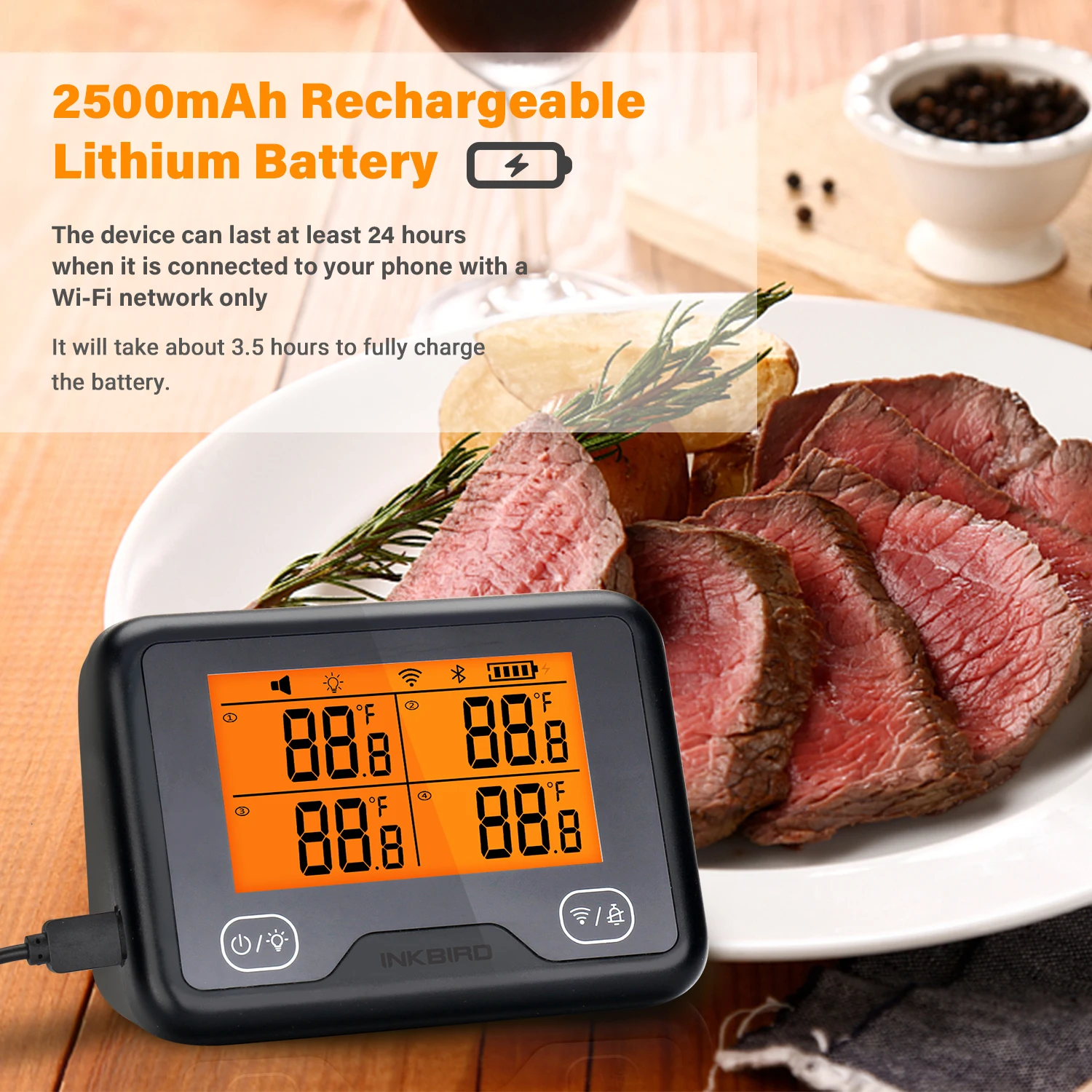 INKBIRD IBBQ-4BW Wi-Fi&Bluetooth Digital Grill Thermometer Rechargeable Wireless BBQ Thermometer with 4 Probes Temp Graph Alarm