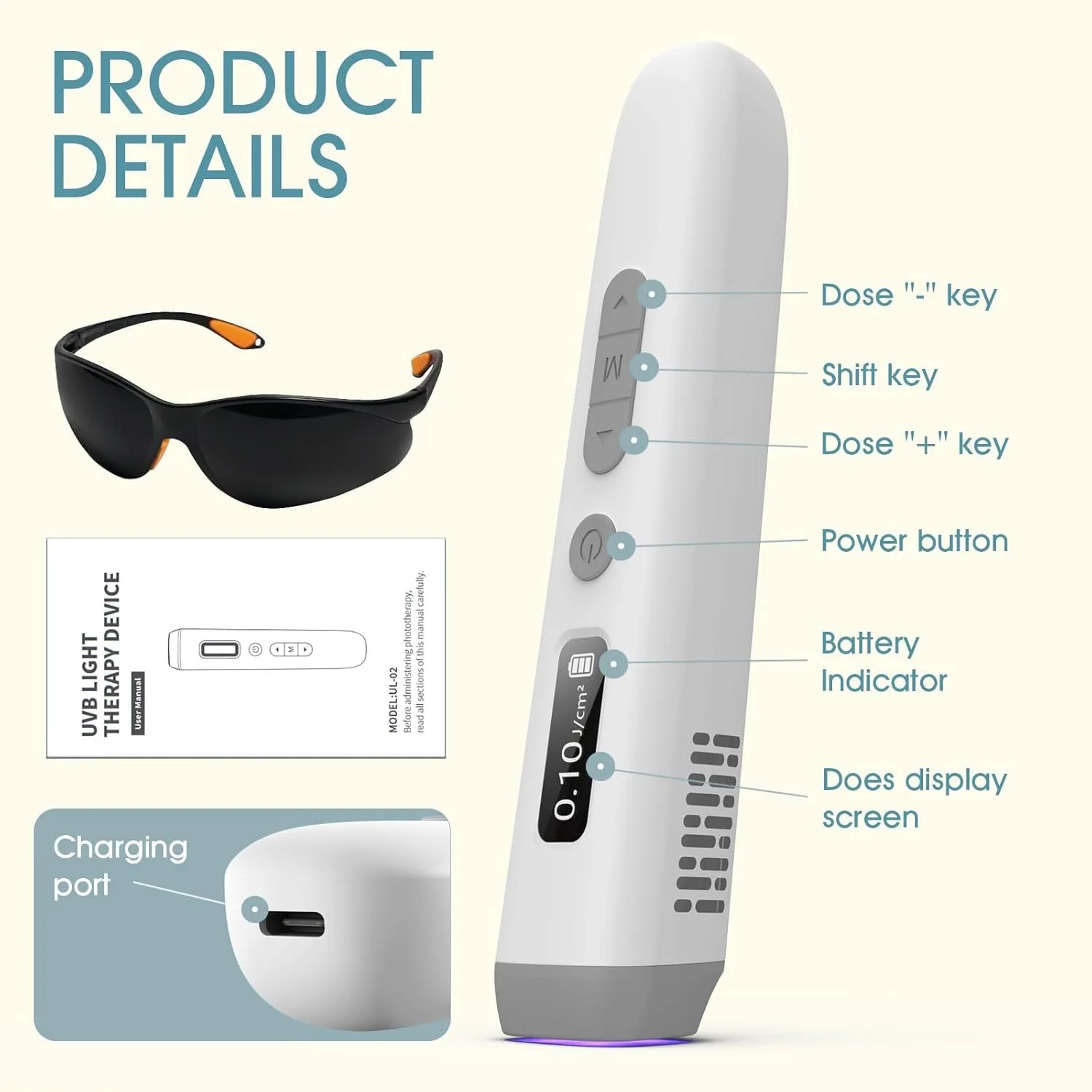 Ultraviolet Vitiligo Phototherapy Lamp 308nm Rechargeable Handheld Lightweight UVB Lamp Skin Spots Psoriasis Therapy Treatment