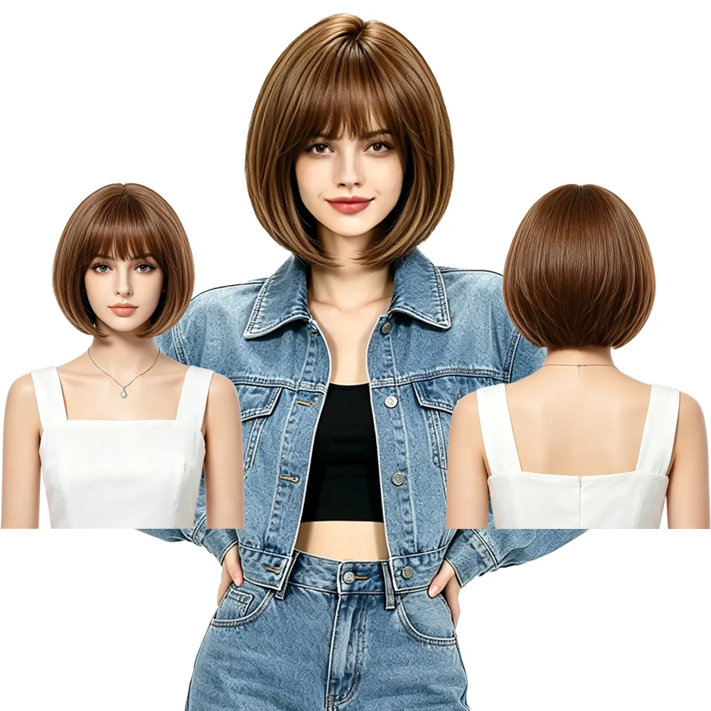 

10 Inch Gradient Brown Straight Bob Wig With Full Bangs Heat Resistant Synthetic Wig For Women Daily Wear Cosplay Party