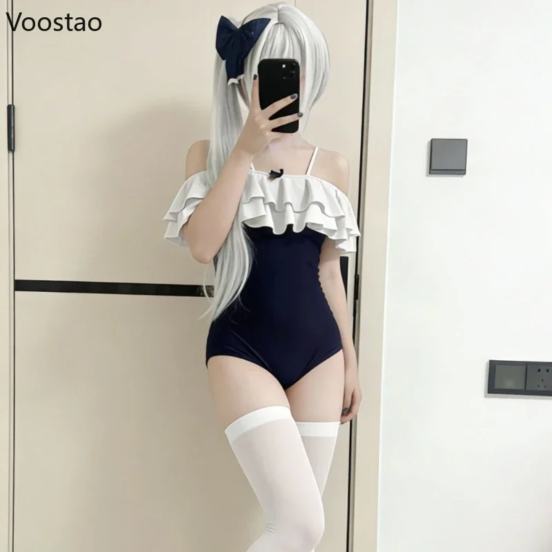 Japanese Harajuku Swimming Jumpsuits Girls Ruffles Sleeveless Straps Swimsuit Women Sexy Cosplay Bodysuit Hottie Tights Rompers