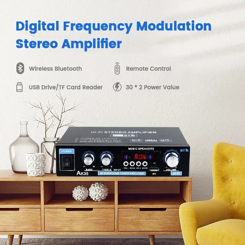 AK35 30W*2 Home Car Power Amplifiers 2 Channel Bluetooth Surround Sound FM USB Remote Control Mini HIFI Digital Stereo Amplifier