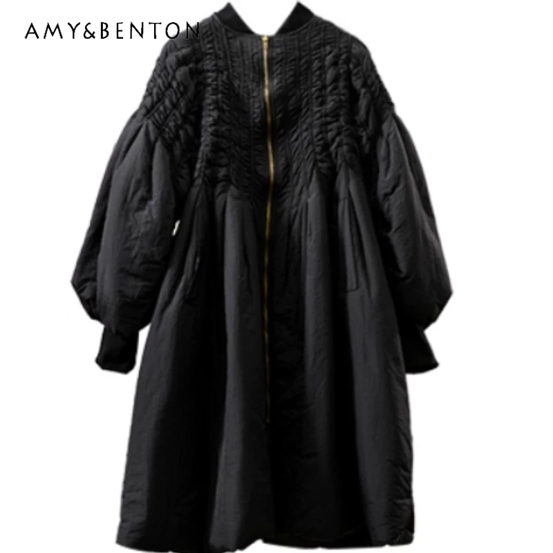 

Осень-зима, новая нерегулярная плиссированная хлопковая женская куртка, оригинальный дизайн, элитное свободное черное элегантное хлопковое длинное пальто, женское
