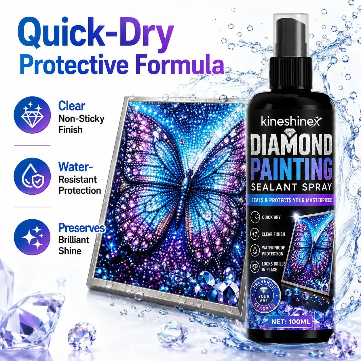 Spray de scellement pour peinture diamant 100 ml – Scelle et protège vos œuvres d'art, séchage rapide, finition transparente, imperméable, fixe les strass en place