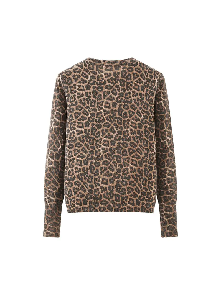 NLZGMSJ Damski kardigan z dzianiny na jesień 2025, wzór w panterkę, okrągły dekolt, długi rękaw, zapinany na guziki, sweter w stylu casual streetwear