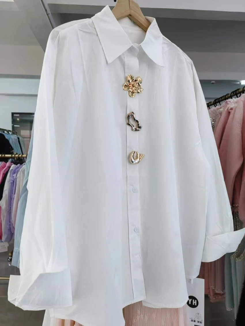 

Роскошные дизайнерские блузки из белого хлопка с блестками, съемные, женские, с длинным рукавом, оверсайз, топы, женская одежда (реальные фото)