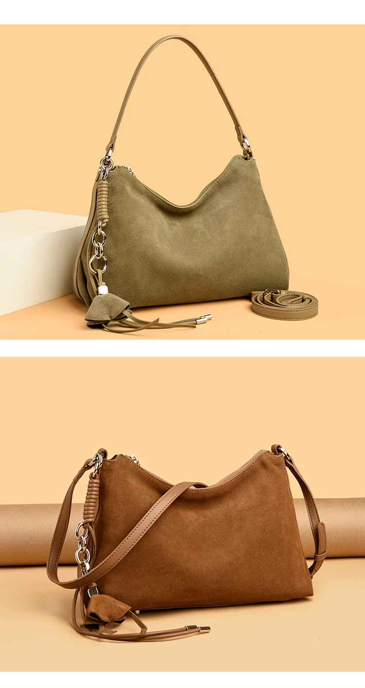 100% Echtes Wildleder Damen Schulter-Umhängetaschen Retro Echtleder Handtasche Designer Große Kapazität Pendler-Handtaschen – Detail 2