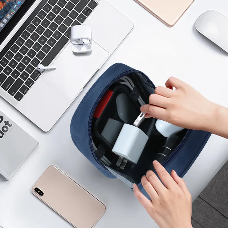 شاحن كابل بيانات مقاوم للصدمات بلون سادة بسعة كبيرة، فرز وتخزين رقمي، حقيبة رقمية متعددة الوظائف