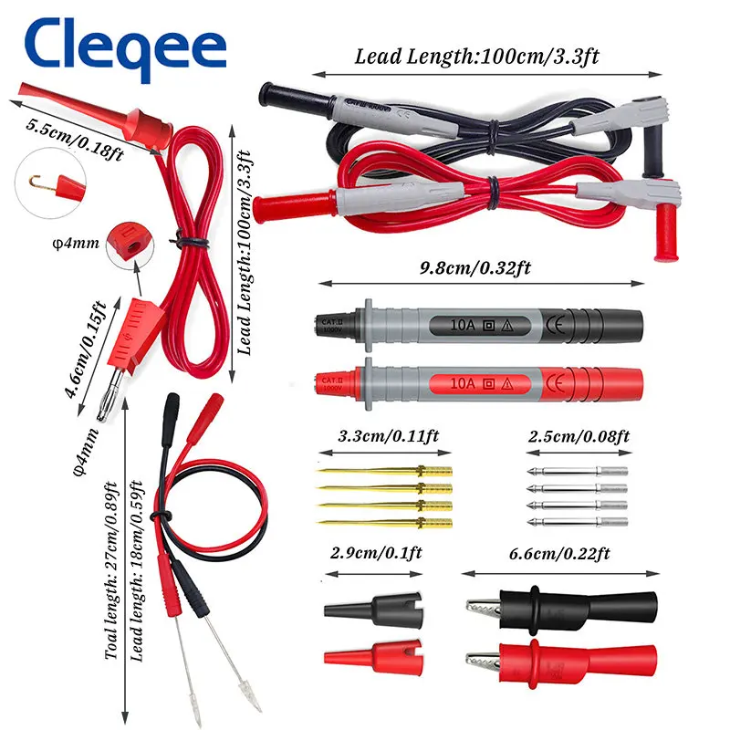 Cleqee P1308C Kit de cables de prueba de multímetro con enchufe Banana, Cable de gancho de prueba, sonda de punción, aguja reemplazable, pinza de cocodrilo, 20 Uds.