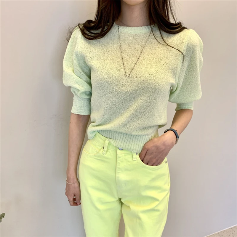 REALEFT Summer Hollow Out Knited Women\'s T-Shirts 2024 New Solid Short Sleeve O-Neck Korean Knitwear Tops Shirt Female