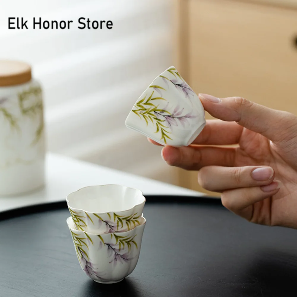 2pc/set Pure Hand-painted Wisteria Flower Teacup Creative Drawing Silver Fragrance Cup Petal Master Mug Teaset Ornaments 38ml