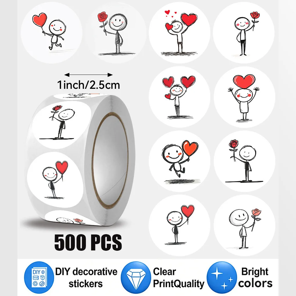 500Pcs Cute Stick Figure Heart Round Stickers Roll Self‑Adhesive Label Love Flower Sticker for Valentine Envelope Seal Scrapbook