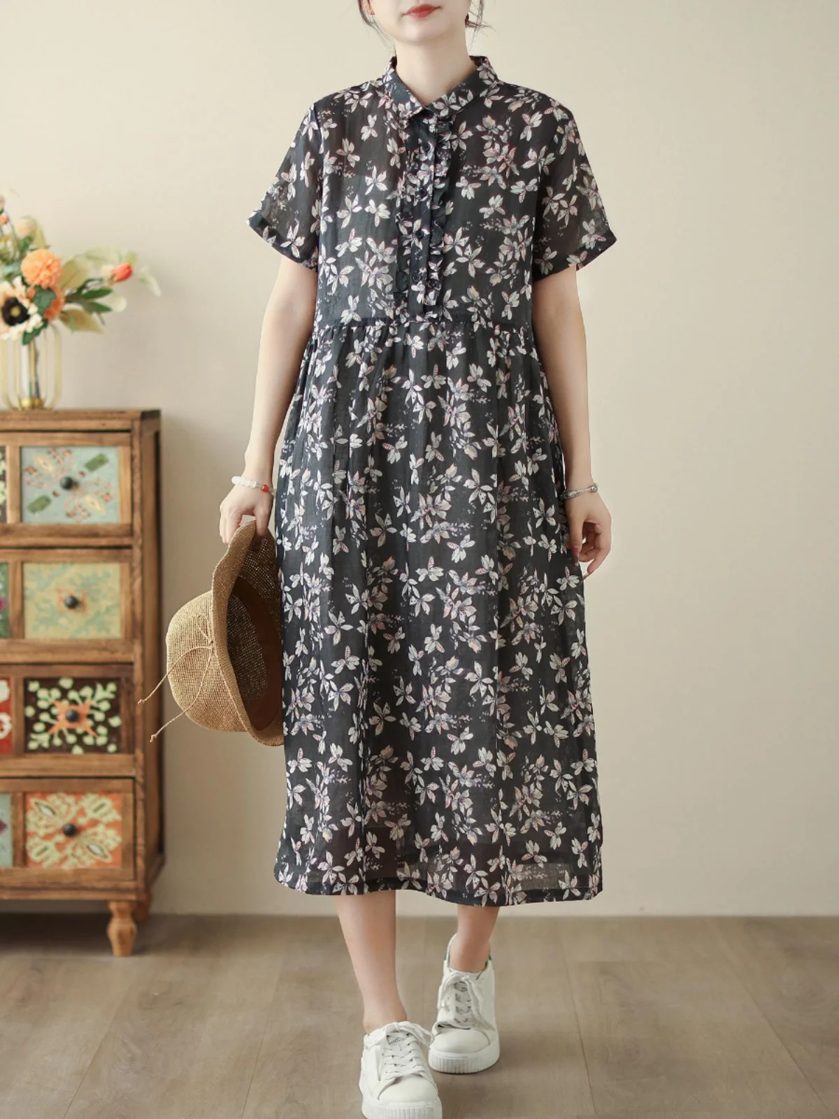 

Retro Floral Print Short Sleeve Collar Dress Slimming A-Line Midi Dress for plus Size Women Summer Casual Korean Style
