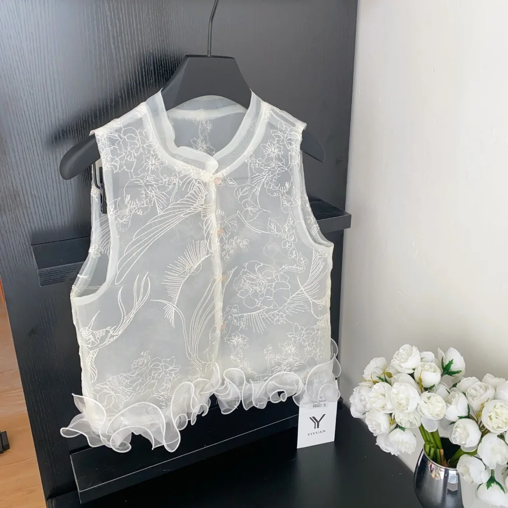 

Vintage basics sleeveless Embroidered Blouse Korean Fashion Sexy autumn Shirt women clothing