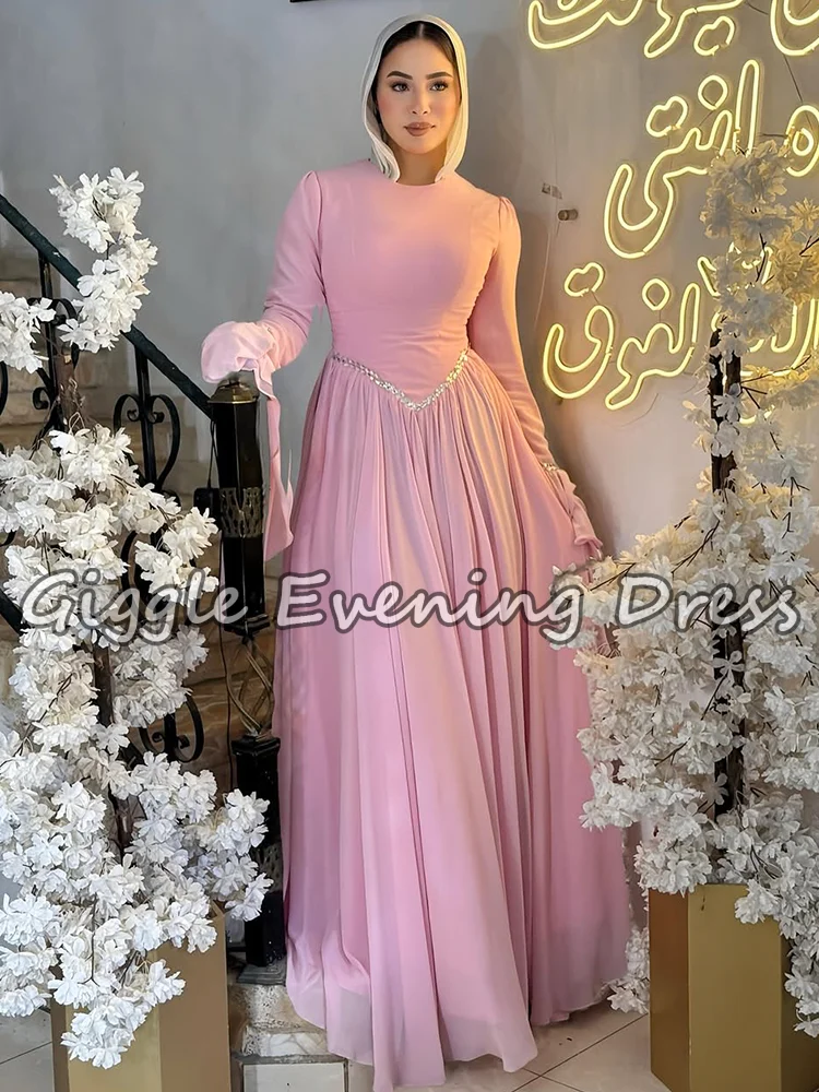 Giggle 2026 saoudien modeste rose robes de soirée musulmanes à manches longues en mousseline de soie perlée a-ligne robe de soirée d'invité de mariage personnalisé