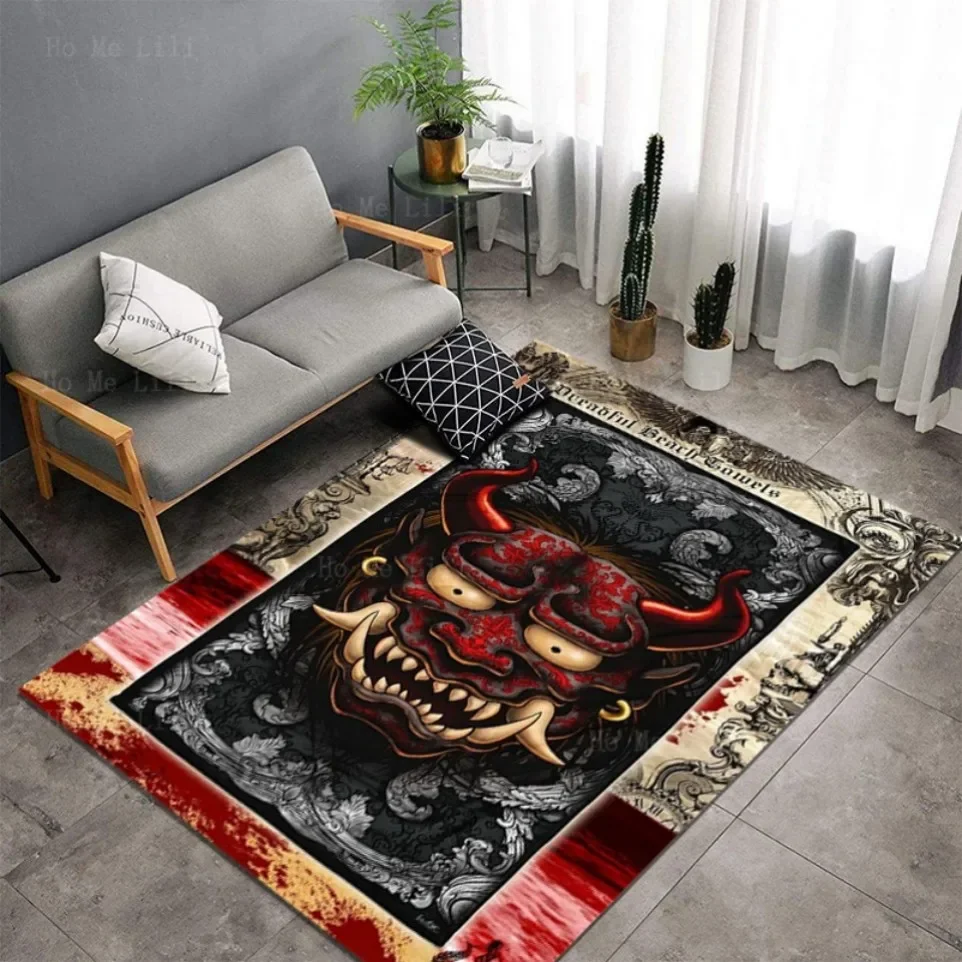 Japanese Demon Tattoo Steampunk Cow Horn Prajna Non Slip Flannel Floor Rugs By Ho Me Lili