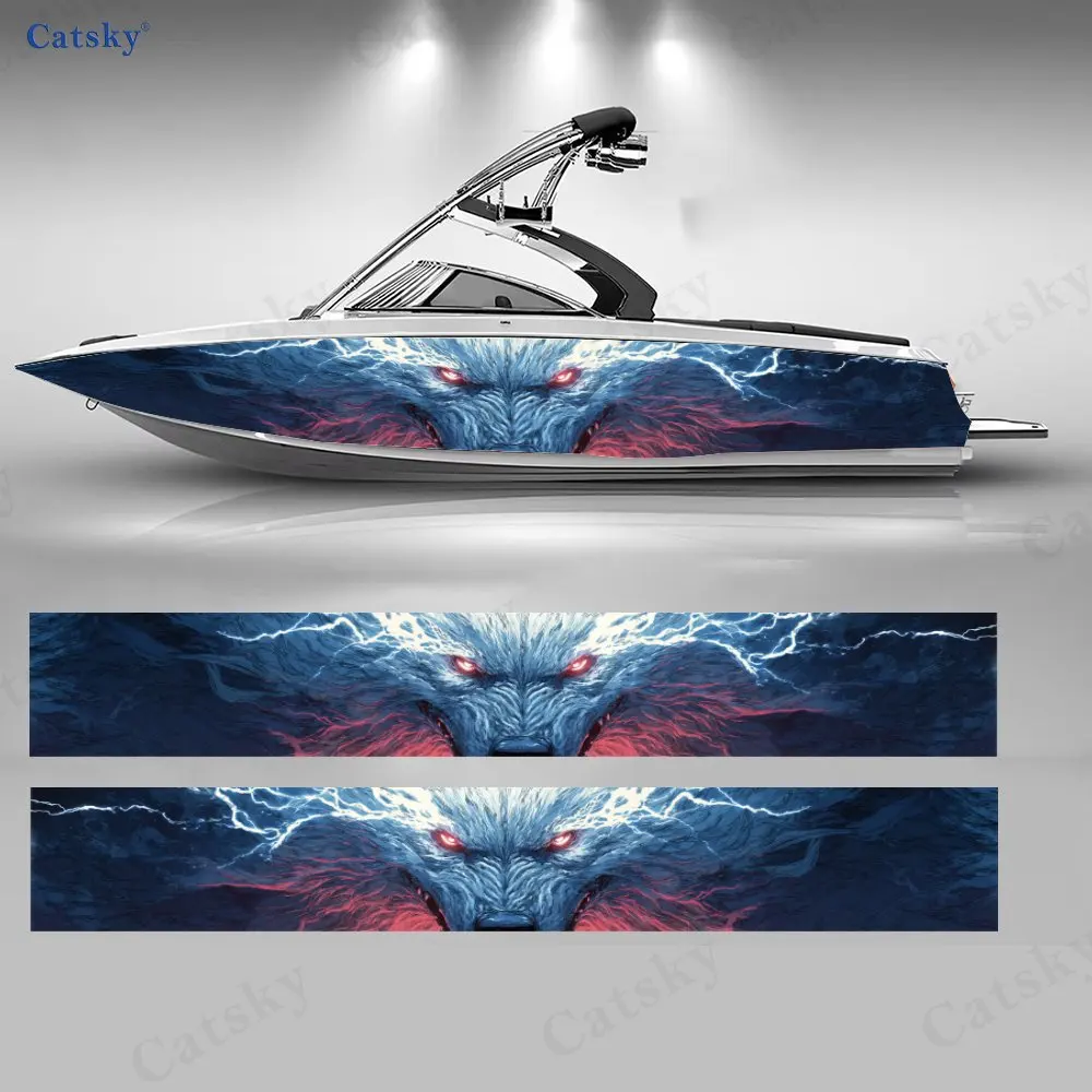 Thunderstorm Lone Wolf Fantasy Night Boat Sticker, PVC Waterproof Vinyl Wrap Decals for Fishing Boat, Durable and Stylish Design